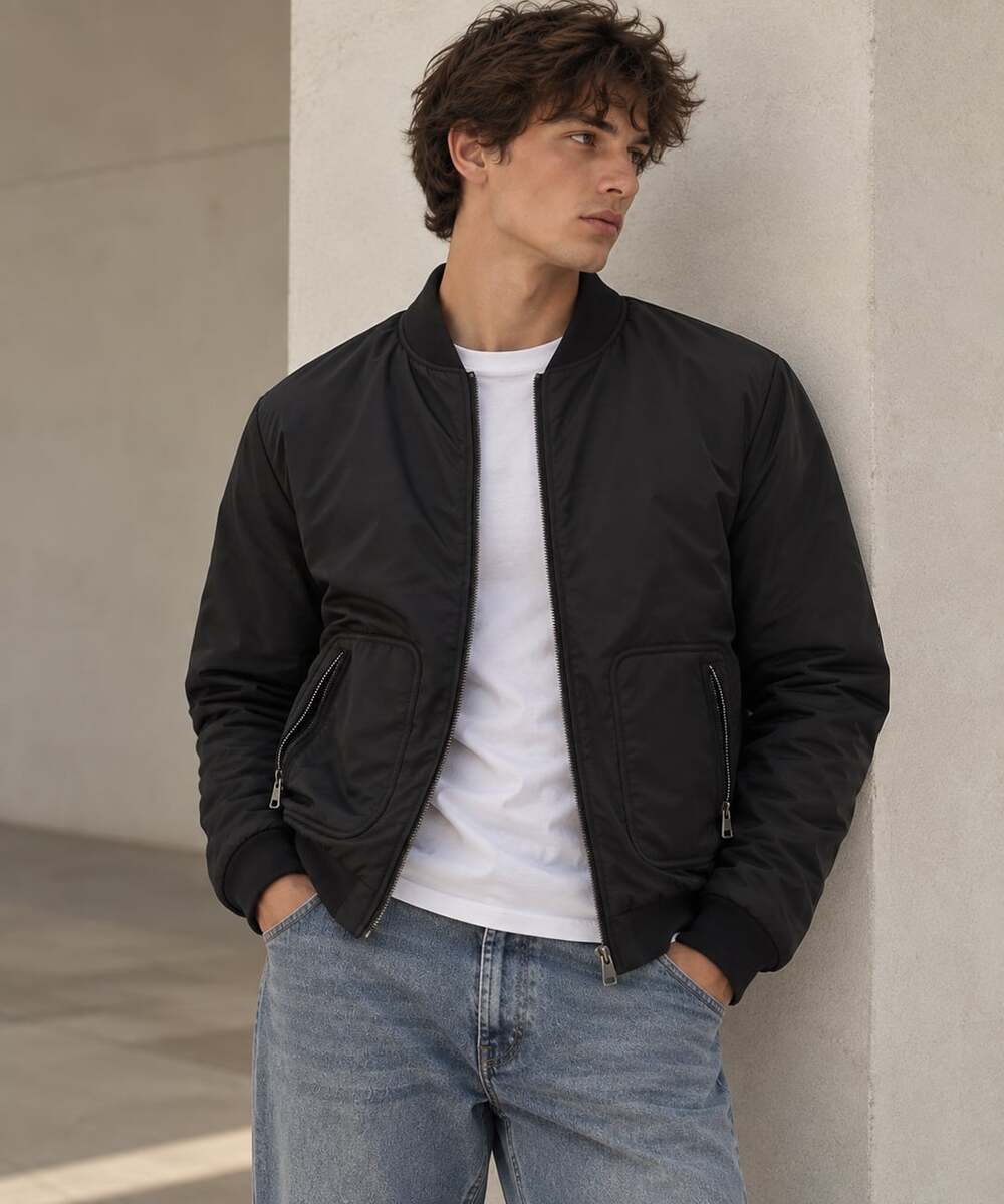 Theory Men's Black Nylon Bomber Jacket Full Zip Luxury Minimalist Size Large